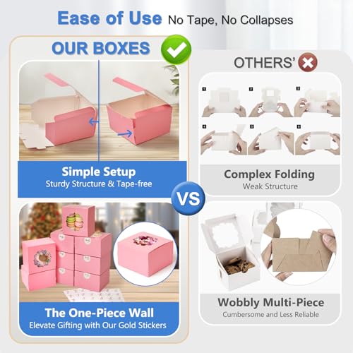 Shallive 4Inch Small Cookie Boxes 50 Pcs Pink Bakery Treat Boxes with Window for Barbie Favor Togo Containers for Cake Slice Macarons Donuts 4x4x25 - Image 3