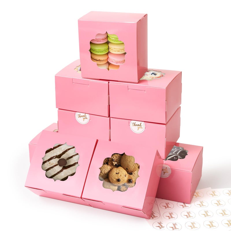 Shallive 4Inch Small Cookie Boxes 50 Pcs Pink Bakery Treat Boxes with Window for Barbie Favor Togo Containers for Cake Slice Macarons Donuts 4x4x25 - Image 2