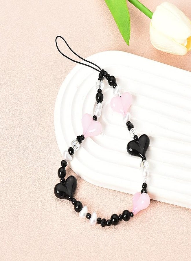 Xiyantiji Phone Charms for Women Black Pink Heart Phone Wrist Strap Beaded Phone Chain Wristlet Anti Lost Phone Strap for Phone Case Y2K Cell Phone Lanyards for Women Girls - Image 2