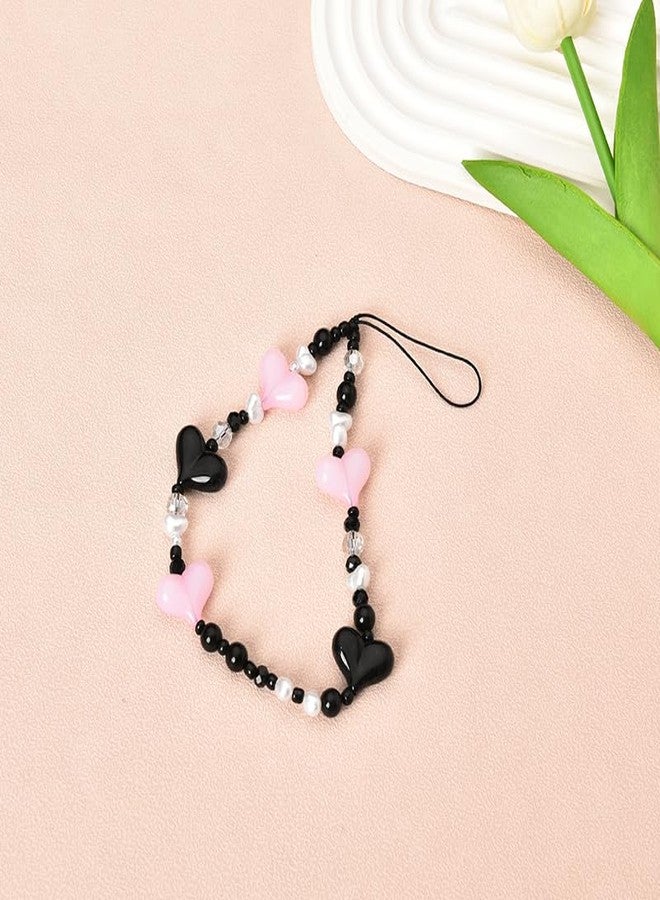 Xiyantiji Phone Charms for Women Black Pink Heart Phone Wrist Strap Beaded Phone Chain Wristlet Anti Lost Phone Strap for Phone Case Y2K Cell Phone Lanyards for Women Girls - Image 4