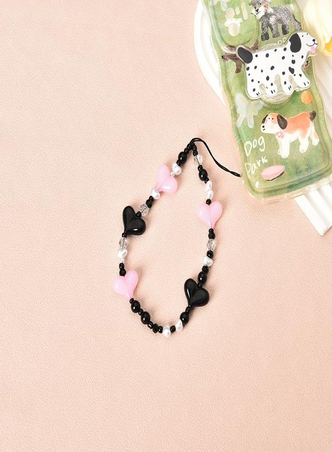 Xiyantiji Phone Charms for Women Black Pink Heart Phone Wrist Strap Beaded Phone Chain Wristlet Anti Lost Phone Strap for Phone Case Y2K Cell Phone Lanyards for Women Girls - Image 3