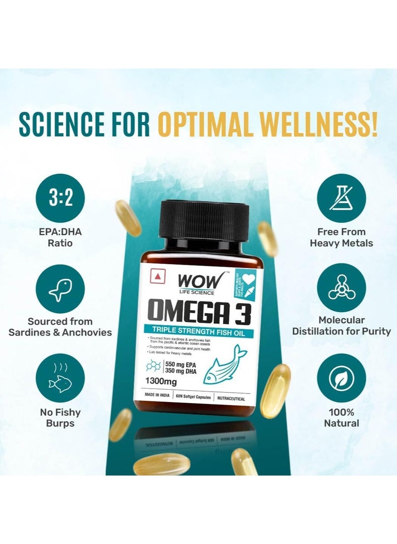 WOW Wow Omega-3 Fish Oil 1300mg Triple Strength 550mg Epa 350mg 60 Capsules  - Image 3