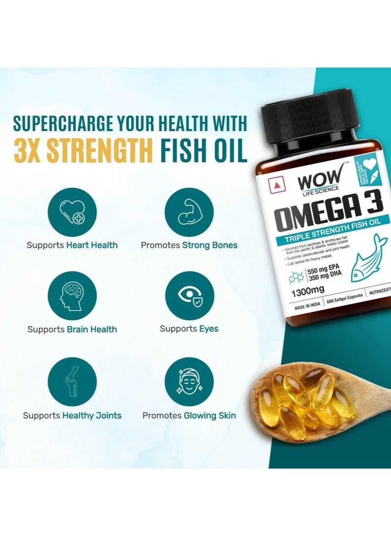 WOW Wow Omega-3 Fish Oil 1300mg Triple Strength 550mg Epa 350mg 60 Capsules  - Image 4