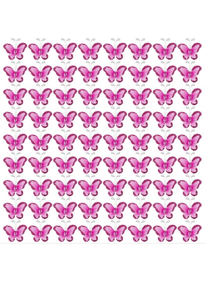 AUEAR, 100 Pack Sheer Mesh Wire Glitter Butterflies Butterfly Decoration with Gem for Home Wedding Party Wall Decorations (Rose Red) - Image 1