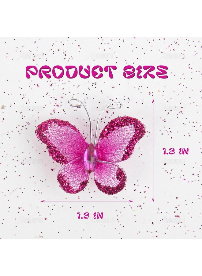 AUEAR, 100 Pack Sheer Mesh Wire Glitter Butterflies Butterfly Decoration with Gem for Home Wedding Party Wall Decorations (Rose Red) - Image 2