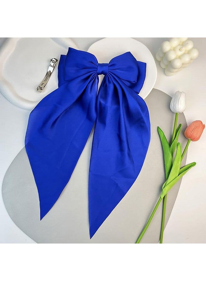 سالوسي ربطات شعر زرقاء، قطعتان من ربطات الشعر الساتان، ربطة شعر كبيرة زرقاء للنساء، شرائط شعر، ربطة شعر طويلة الذيل، مشابك شعر لحفلات الزفاف والحفلات الراقصة (أزرق فاتح، أزرق ملكي) - Image 1
