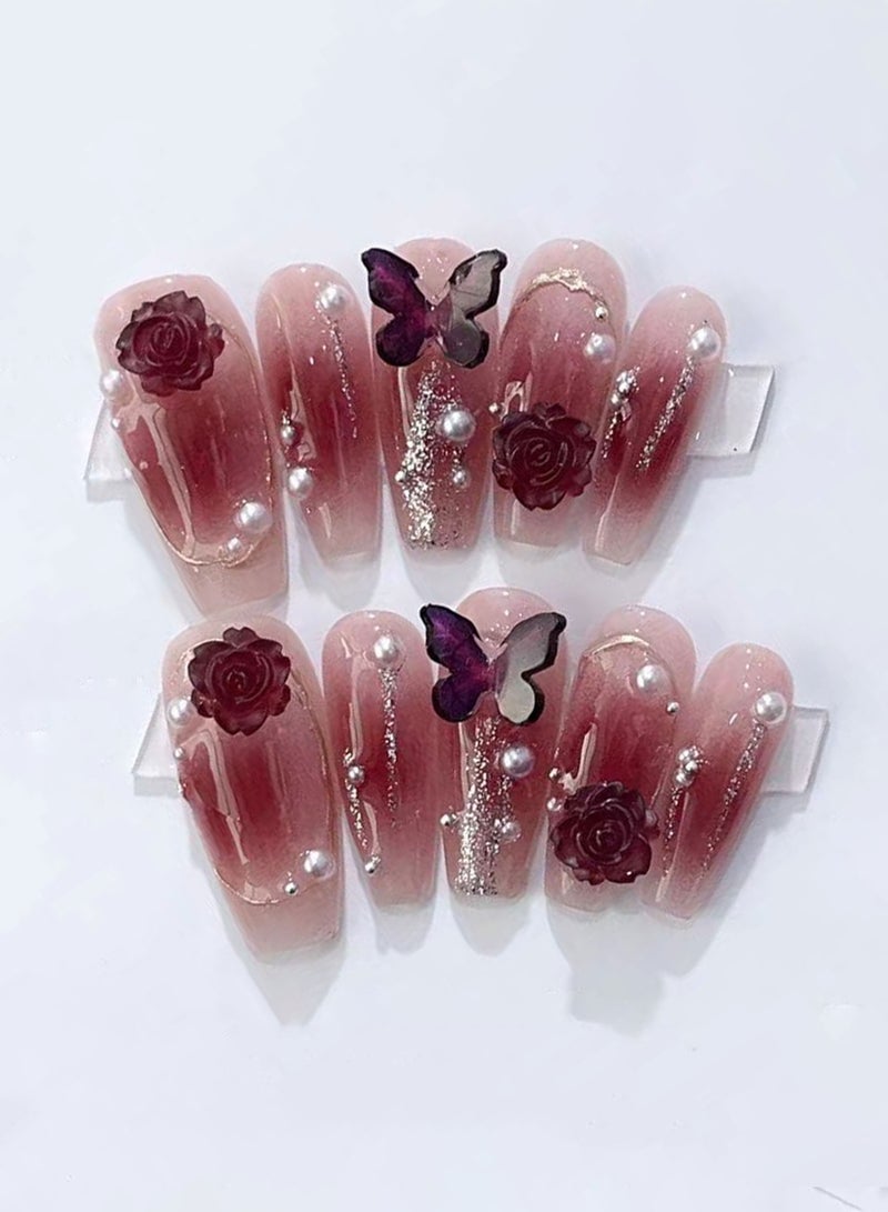 10 PCS Handmade False Nails, Red Rouge Rose Diamond Pearl Butterfly, Mid-length Press On Nails - Image 1