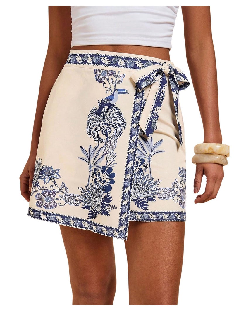 MakeMeChic Women's Summer Boho Wrap Mini Skirt Beach Vacation Short Skirts Blue and Apricot X-Small - Image 1