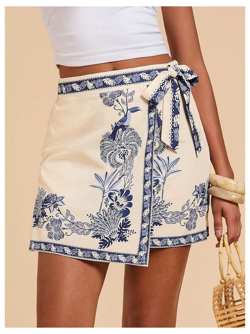 MakeMeChic Women's Summer Boho Wrap Mini Skirt Beach Vacation Short Skirts Blue and Apricot X-Small - Image 4