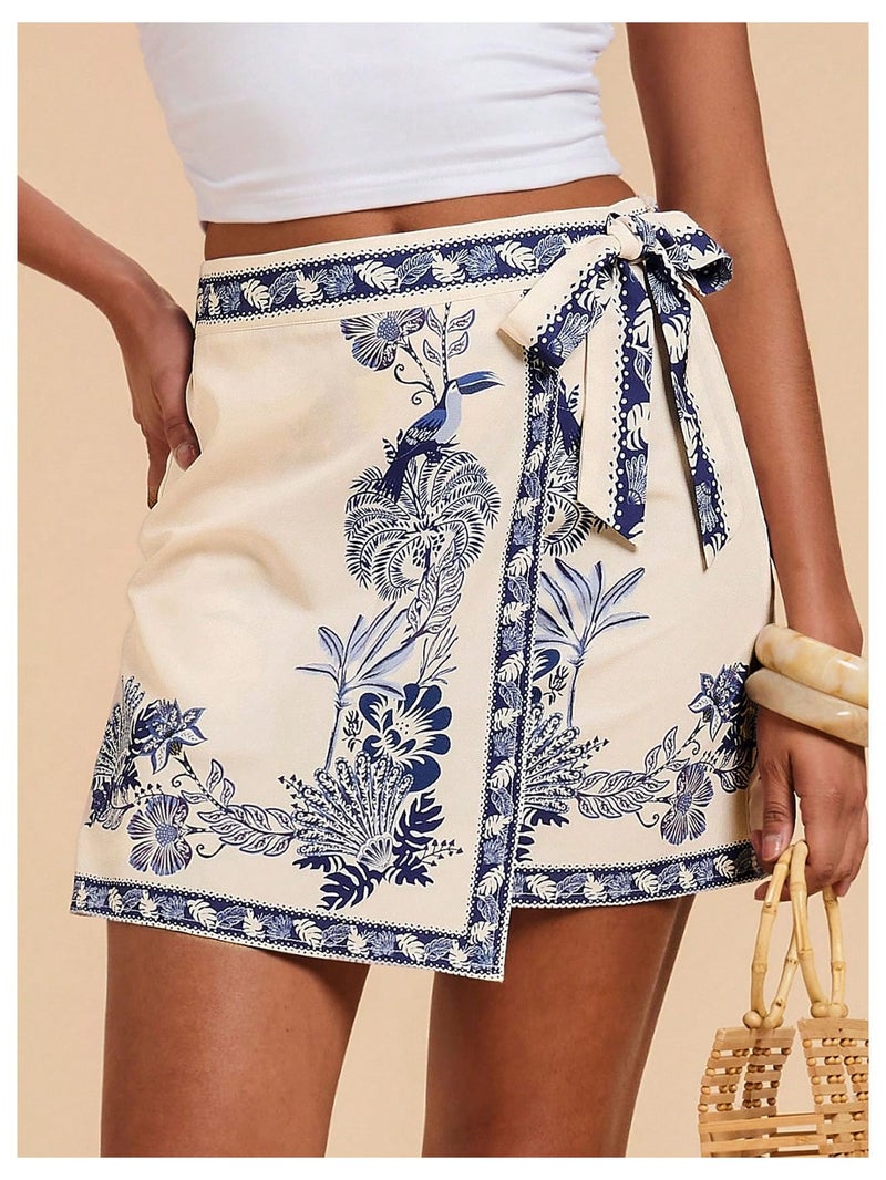 MakeMeChic Women's Summer Boho Wrap Mini Skirt Beach Vacation Short Skirts Blue and Apricot X-Small - Image 2