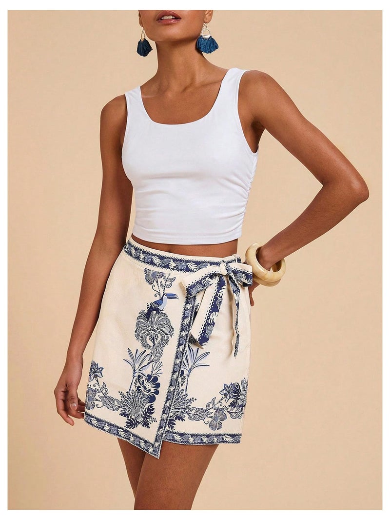 MakeMeChic Women's Summer Boho Wrap Mini Skirt Beach Vacation Short Skirts Blue and Apricot X-Small - Image 5