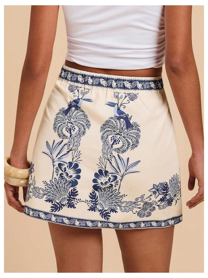 MakeMeChic Women's Summer Boho Wrap Mini Skirt Beach Vacation Short Skirts Blue and Apricot X-Small - Image 3