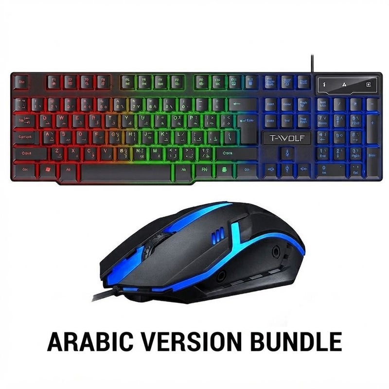تي- وولف مجموعة لوحة مفاتيح وماوس للألعاب TF200 - إضاءة RGB، اتصال USB سلكي، باللغتين العربية والإنجليزية - Image 1