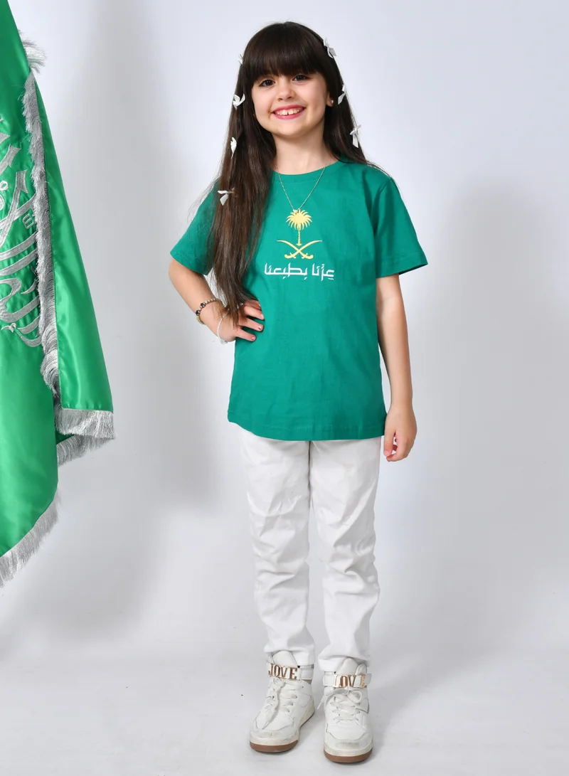 HAWRAA ABAYA Green T-shirt with gold embroidery, "Our Pride is Our Print" logo (for boys and girls)