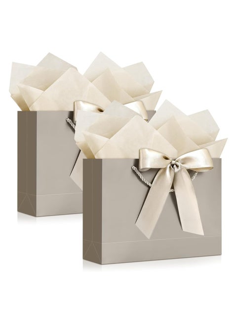 2PCS Champagne Color Large Gift Bags, Paper Bags with Ribbon, Greeting Cards and Tissue Paper, Portable Party Bags with Handles, Birthday Gift Bags, Present Bags for Wedding Party, Party Supplies(32*25*11CM)