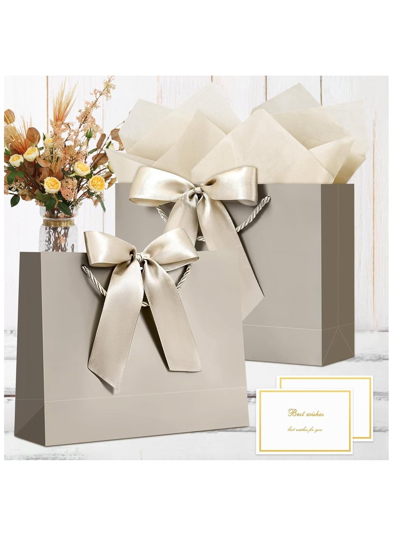 DELGREEN 2PCS Champagne Color Large Gift Bags, Paper Bags with Ribbon, Greeting Cards and Tissue Paper, Portable Party Bags with Handles, Birthday Gift Bags, Present Bags for Wedding Party, Party Supplies(32*25*11CM)  - Image 2