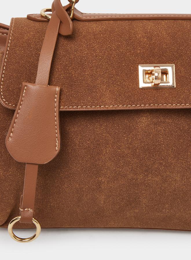 Styli Brown Suede Look Bag with Flap Over - Image 3