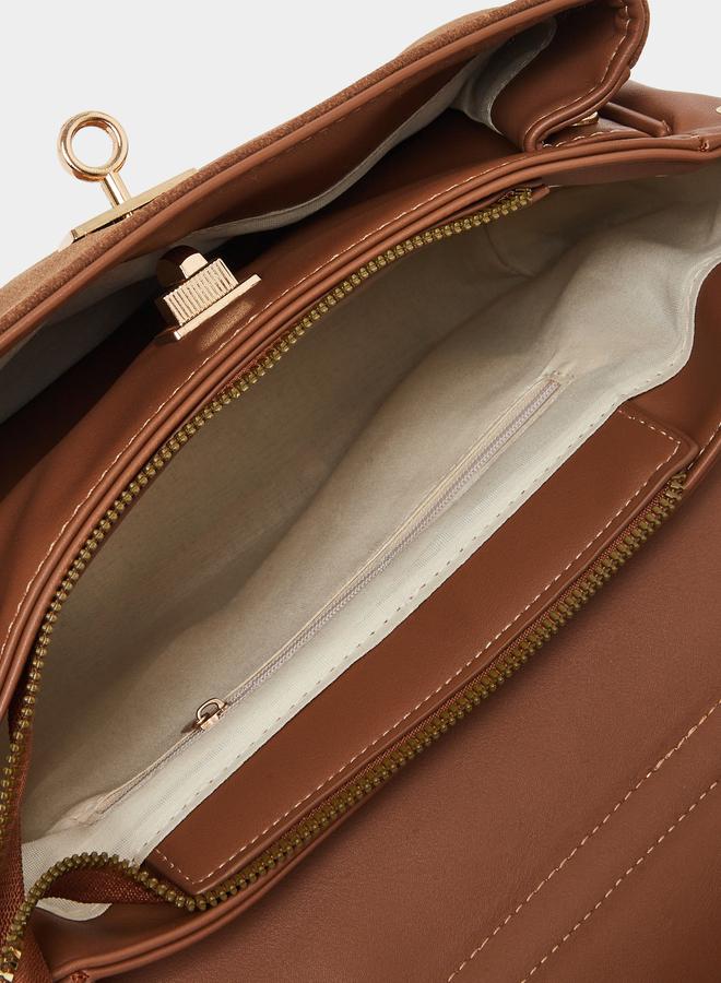 Styli Brown Suede Look Bag with Flap Over - Image 4