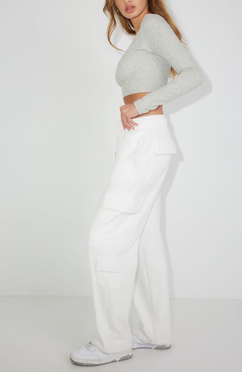 Waitfairy Wide Leg Sweatpants Women Cargo Pants Fleeece High Waisted Baggy Sweatpants for Women Casual Pants with 8 Pockets White XL - Image 5