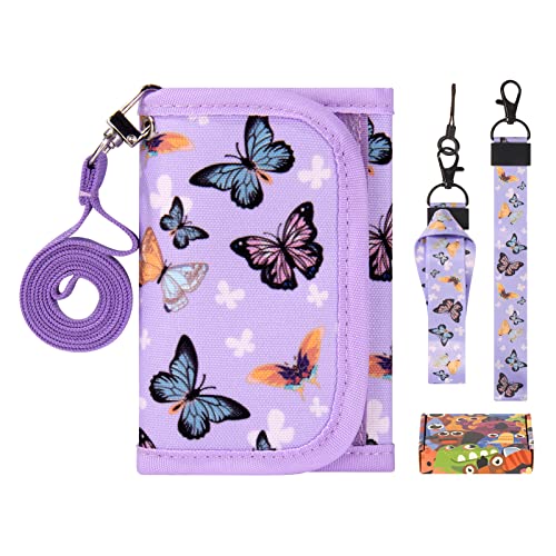 Choco Mocha Girls Wallets for Kids 6-8 8-10, Kids Wallets for Girls 10-12 Butterfly Trifold Wallet with Lanyard Gift Box 4 5 6 7 8 Year Old Girl Gifts, Purple - Image 1