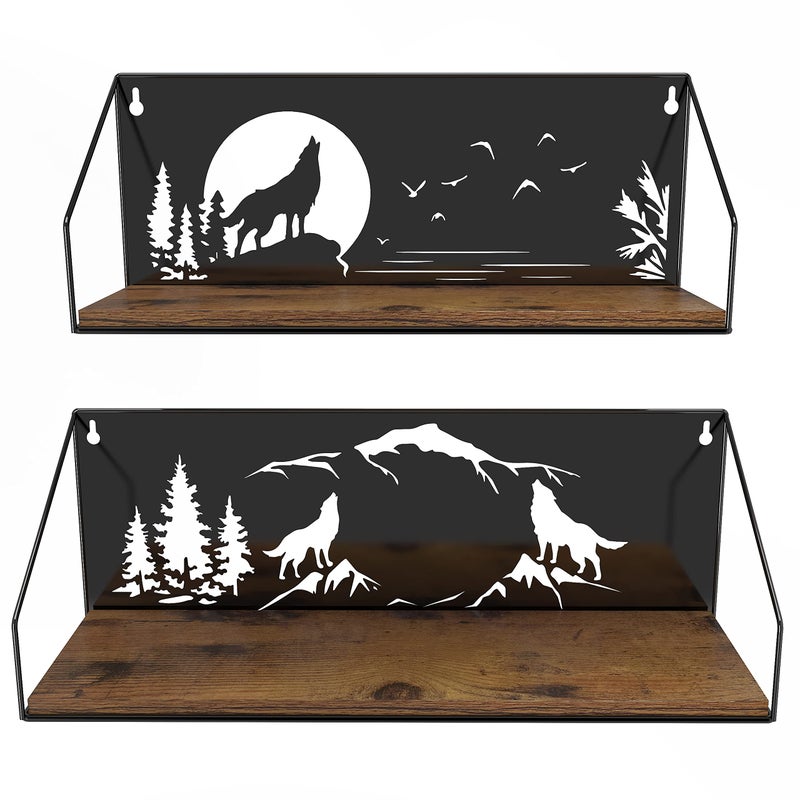 Giftgarden Floating Shelves for Wall with Unique Howling Wolves Cutout Rustic Wolf Decor Wood Iron Hanging Shelf Decoration for Bedroom Bathroom Storage Cabin Lodge Black