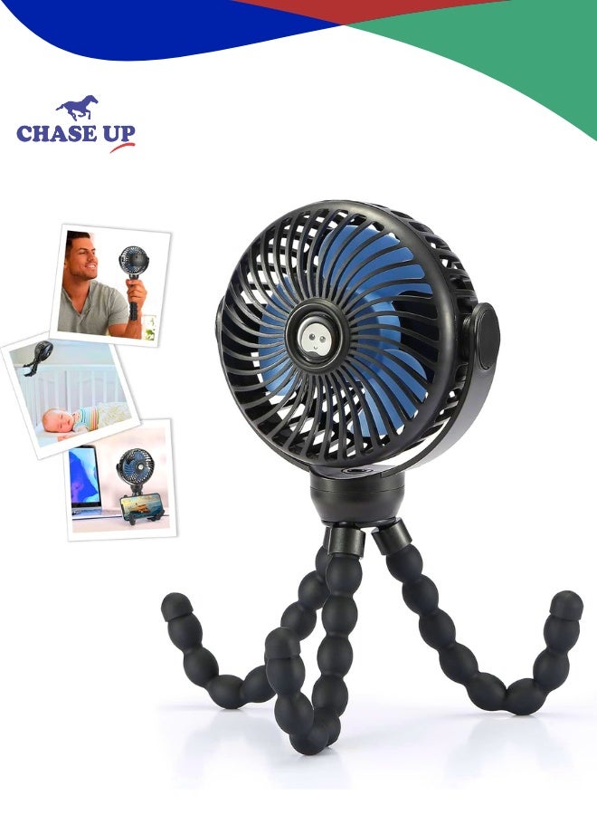Chase Up Upgraded Portable Baby Stroller Fan, 360°Rotate Rechargeable Mini Clip on Fan with Flexible Tripod for Stroller Treadmill Crib Car Seat Travel, 4000mAh Battery Powered Handheld Fan (Black) - Image 1