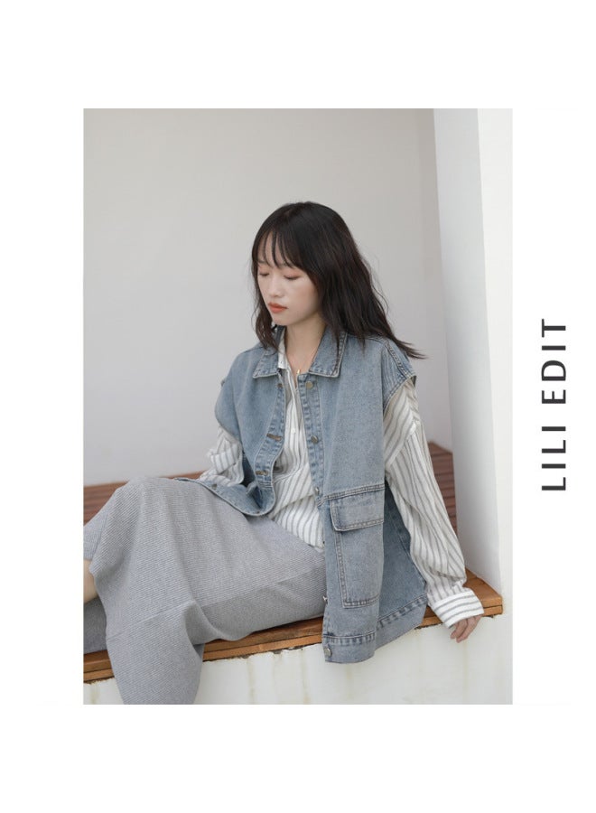 Private Brand Women's Denim Vest Korean Style Loose Sleeveless Bf Style Utility Vest Versatile Student Jacket Trendy - Image 3