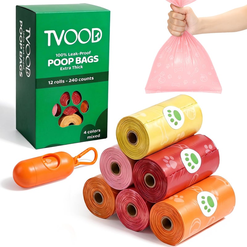 TVOOD Dog Poop Bags Rolls 240 Count: Doggie Bags with Dispenser - Unscented Extra Thick & Leak Proof Doggy Waste - Image 1