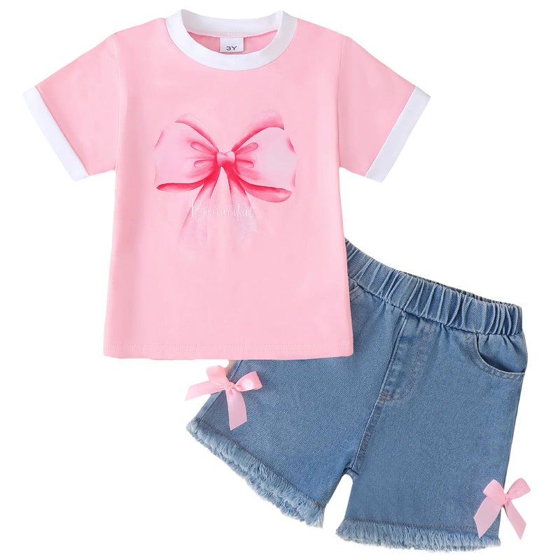 Jecson Little Girls Clothes Summer Cotton Bowknot Print T-Shirt and Jeans Shorts Set Casual Girls 2 Piece Outfits Sets - Image 1