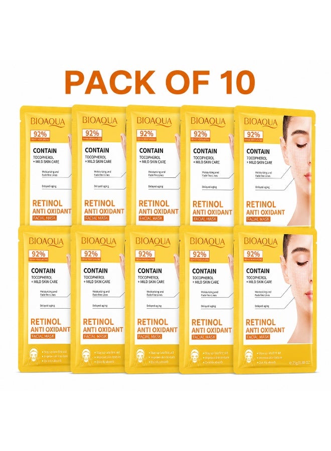 BIOAQUA Retinol Anti Oxidant Facial Sheet Mask for Fine Lines, Fatigue, Dark Dull Skin, Tocopherol Antioxidant Repair | Brightening Formula | Daily Skincare All Skin Types | Pack of 10 | 25g Each - Image 1