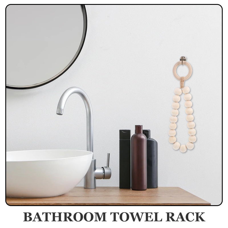 Wooden Bead Jute Rope Wall Mounted Towel Rack Holder For Bathroom Kitchen - Image 3