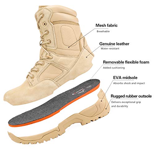 NORTIV 8 Mens Military Tactical Work Boots Hiking Side Zip Leather Outdoor Motorcycle Combat Boots Response,Size 8.5,Sand - Image 5
