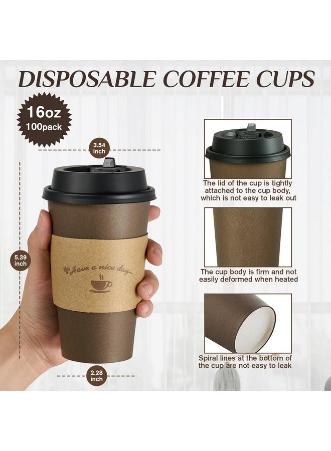 LITOPAK LITOPAK 100 Pack 16 oz Paper Coffee Cups, Brown Disposable Coffee Cups with Lids, Sleeves, Sticks, Drinking Cups for Hot Coffee, Water or Juice, Hot Paper Cups for Home, Restaurant, and Store - Image 2