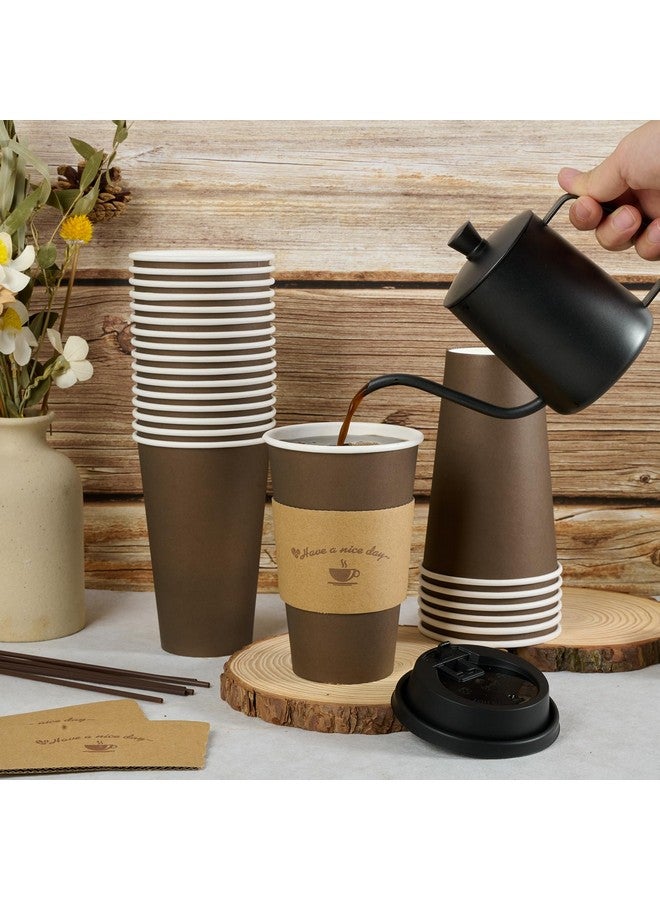 LITOPAK LITOPAK 100 Pack 16 oz Paper Coffee Cups, Brown Disposable Coffee Cups with Lids, Sleeves, Sticks, Drinking Cups for Hot Coffee, Water or Juice, Hot Paper Cups for Home, Restaurant, and Store - Image 3