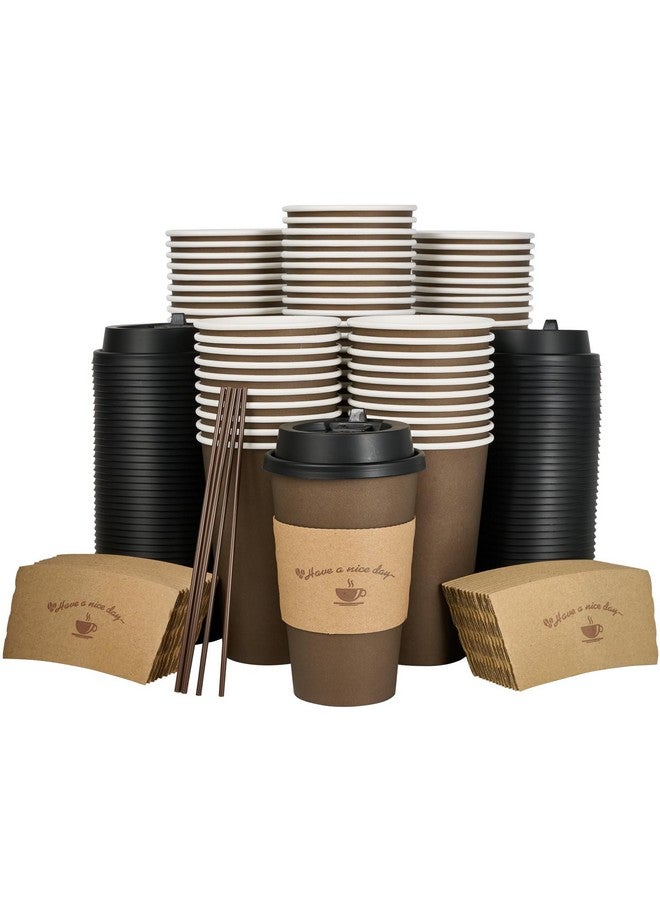 LITOPAK LITOPAK 100 Pack 16 oz Paper Coffee Cups, Brown Disposable Coffee Cups with Lids, Sleeves, Sticks, Drinking Cups for Hot Coffee, Water or Juice, Hot Paper Cups for Home, Restaurant, and Store - Image 1