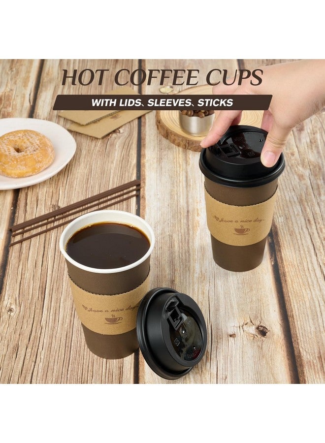 LITOPAK LITOPAK 100 Pack 16 oz Paper Coffee Cups, Brown Disposable Coffee Cups with Lids, Sleeves, Sticks, Drinking Cups for Hot Coffee, Water or Juice, Hot Paper Cups for Home, Restaurant, and Store - Image 4