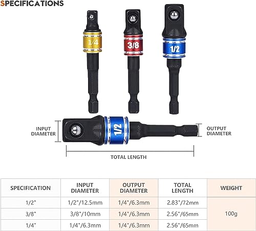 HoooWooo Impact Grade Driver Sockets Adapter Extension Set Drill Bit 3Pcs 1/4 3/8 1/2" Universal Socket Adapter Set and Right Angle Drill 105 Degree Right Angle Screwdriver Set Drill Hex Bit Socket Adapter - Image 3