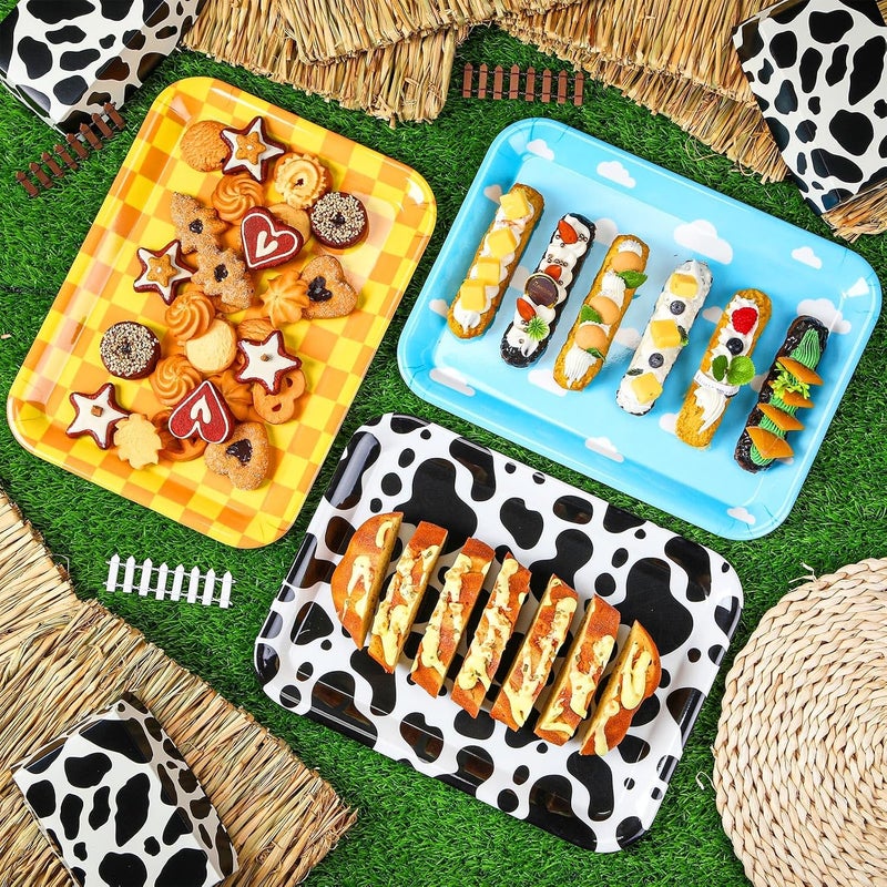 زوبيبي 3 Pcs 13 x 10 Inch Sky White Clouds Birthday Party Supplies, Toy Inspire Game Trays Rectangle Serving Platter Cow Print Checkered Food Platter - Image 4