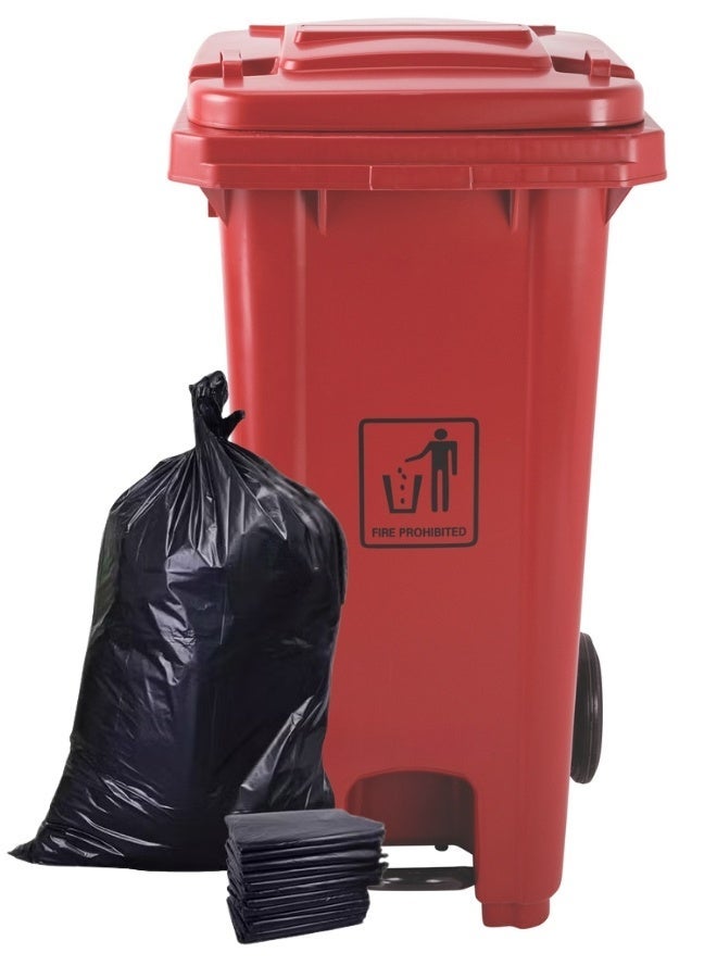 AKC سلة مهملات حمراء بسعة 120 لتر بعجلات ودواسة معدنية + 10 أكياس قمامة | HDPE ثقيل الوزن - Image 1