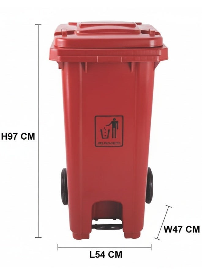 AKC سلة مهملات حمراء بسعة 120 لتر بعجلات ودواسة معدنية + 10 أكياس قمامة | HDPE ثقيل الوزن - Image 2