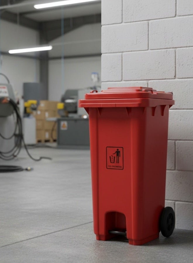 AKC سلة مهملات حمراء بسعة 120 لتر بعجلات ودواسة معدنية + 10 أكياس قمامة | HDPE ثقيل الوزن - Image 3