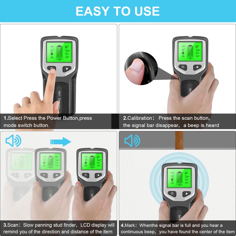 5-In-1 Stud Finder Wall Scanner Black & Silver: Accurate Fast Detection With Digital Lcd Display Auto-Calibration Metal Detector for Homeowners Diy Enthusiasts Professional Wall Floor Ceiling Installa - Image 3