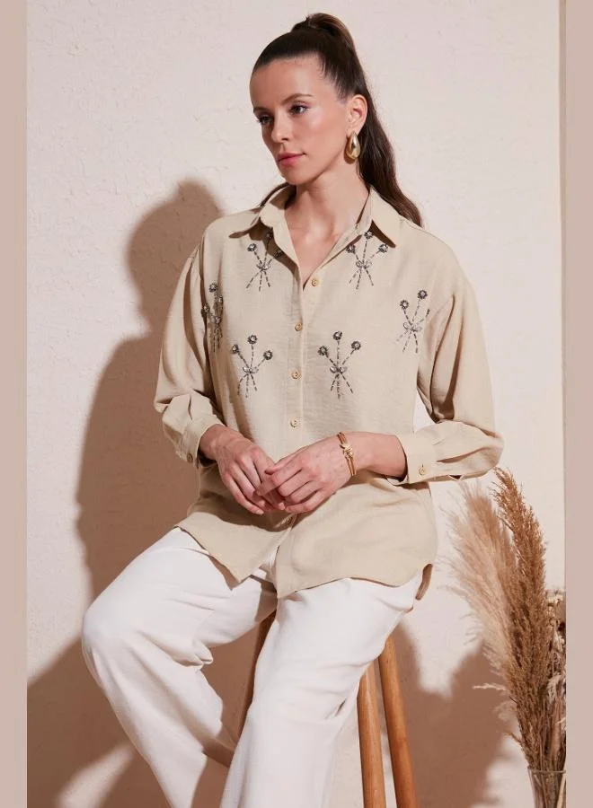 Lela Lela Sparkling Stone Embellished Regular Fit Summer Shirt Women's SHIRT 6113615