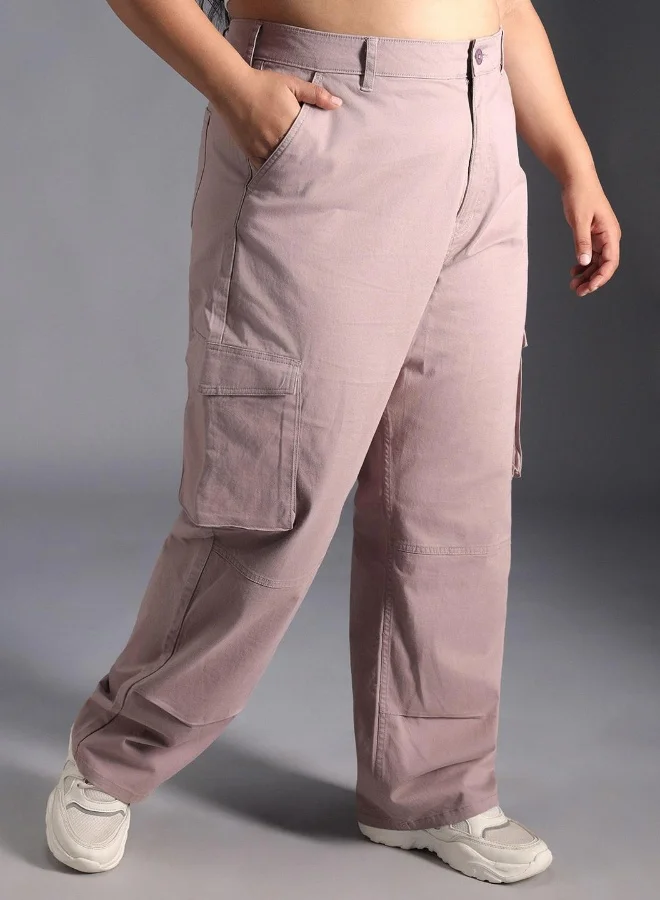 هاي ستار Women's Mauve Cotton Blend Solid Pattern Full Length Cargo Relaxed Trouser