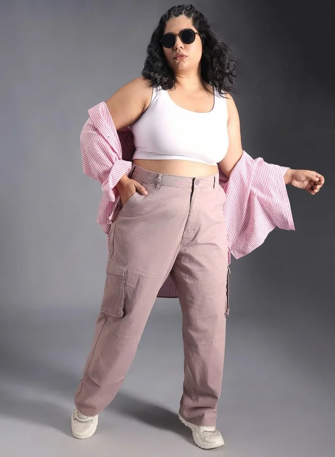 هاي ستار Women's Mauve Cotton Blend Solid Pattern Full Length Cargo Relaxed Trouser