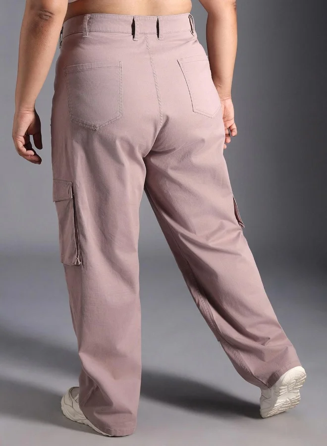 هاي ستار Women's Mauve Cotton Blend Solid Pattern Full Length Cargo Relaxed Trouser