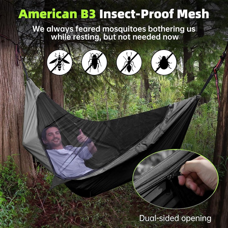 CROSSHIP Camping Hammock with Mosquito Net, 2 Person Hammock Tent, Portable, Parachute Nylon for Indoor, Outdoor, Hiking, Backpacking, Backyard, Beach, Travel (Hold Up to 500lbs) (Black) - Image 2