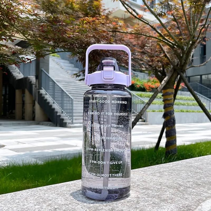 BLISSBORN 2 L Capacity Belt Straw Transparent Motivational Water Bottles With Time Marker Leak Proof BreakProof Best Usage For OfficeCollegeGymTravel Bottle 1 Pcs - Image 1