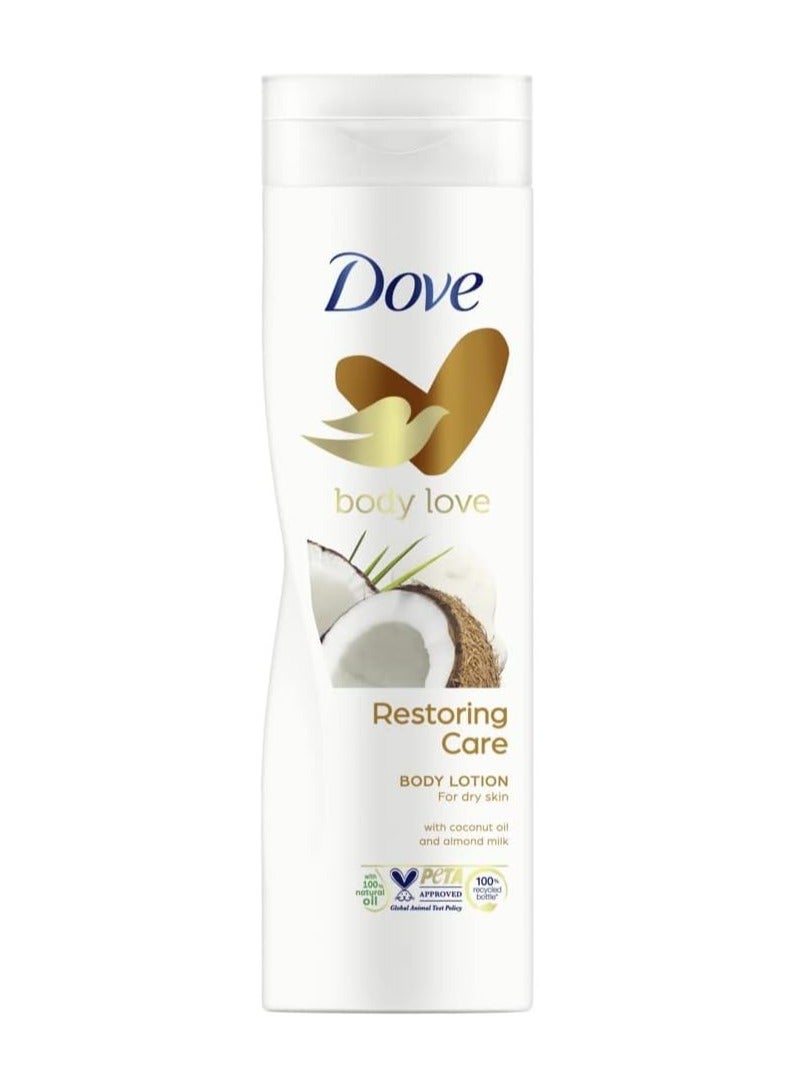 Dove Body Love Restoring Care Body Lotion, made with 100 percent Natural Oils, Coconut Oil and Almond Milk, up to 72 hours of Moisturization, 400ml