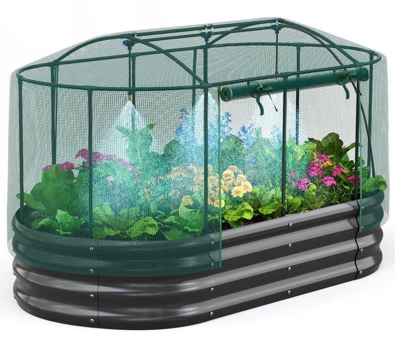 Quictent Galvanized Raised Garden Bed Kit with Self Watering System and Mesh Cover, Large Oval Metal Outdoor Planter Garden Boxes for Vegetables Herbs Flowers, 6x3x1Ft - Image 1